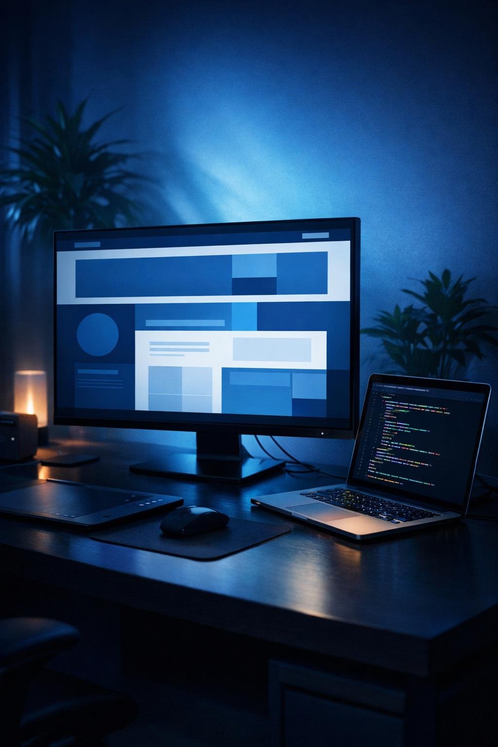 Mesa de designer à noite, com um monitor mostrando o layout de um site e um notebook com código
